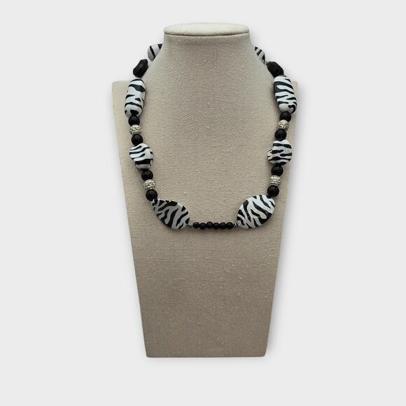Zebra Print Beaded Statement Necklace – Black & White - Picture 8 of 8